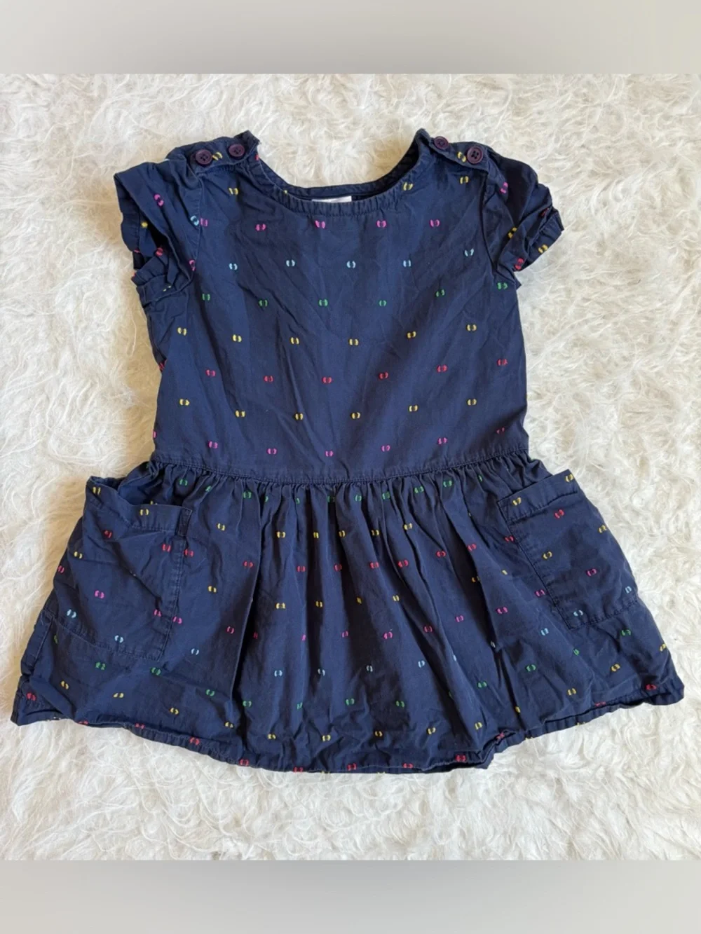 Hanna Andersson Girls Navy Dress with Colorful Rainbow Dot Embroidery